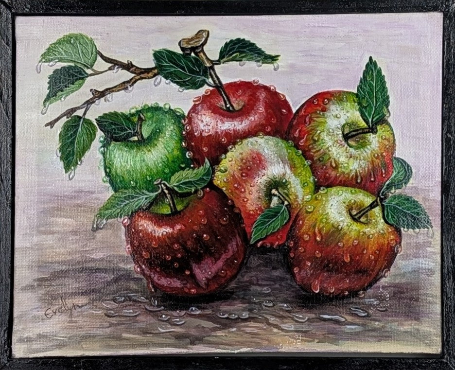 Acrylic painting (8.6x10.5) of Apples and Water droplets titled Temptation by Evelyn Mishra, featuring a black wooden frame