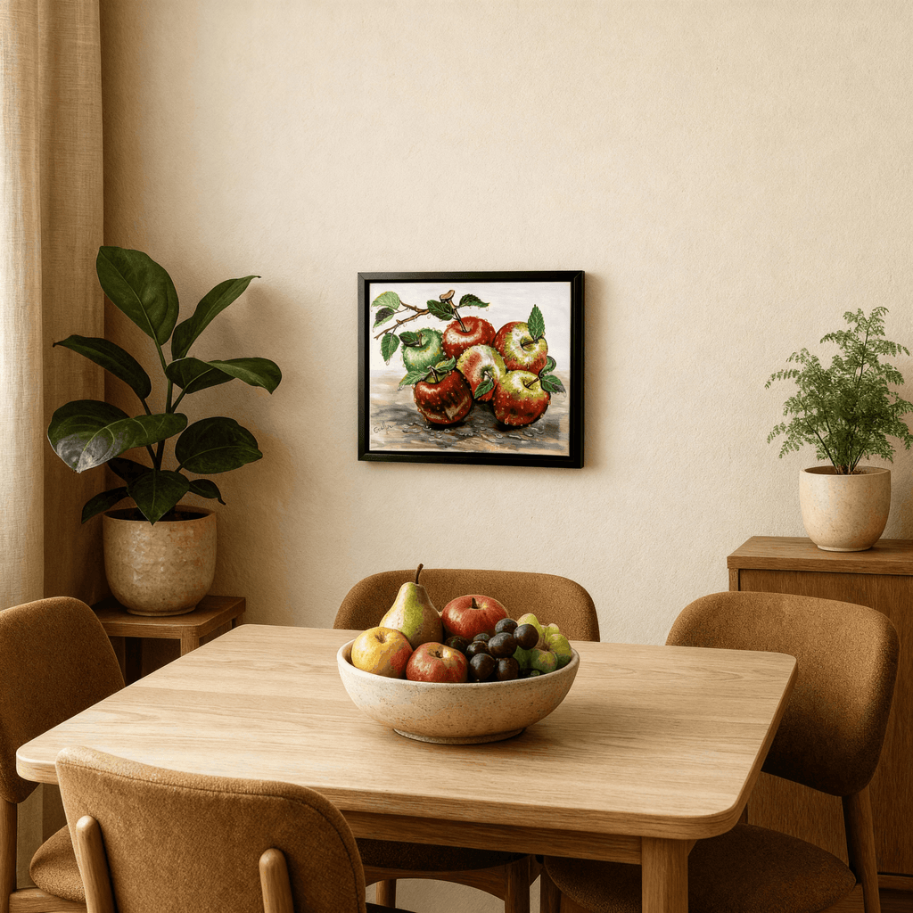 Acrylic painting (8.6x10.5) of Apples and Water droplets titled Temptation by Evelyn Mishra, featuring a black wooden frame