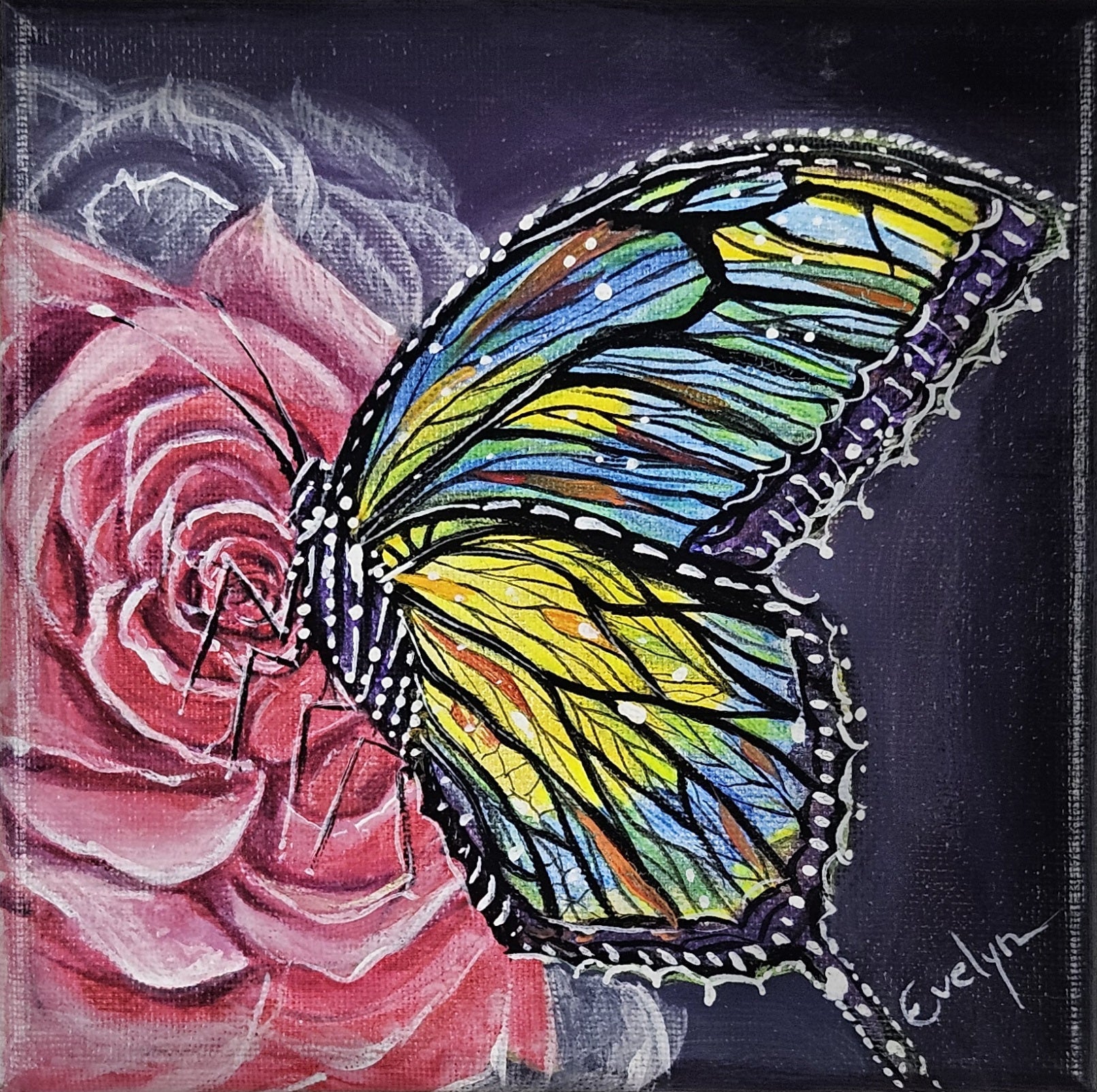Beautiful Butterfly Acrylic Painting titled Rainbow's Kiss (6x6) by Evelyn Mishra