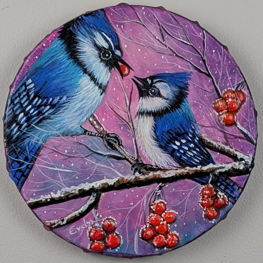 Circular 7-inch painting of two blue jays perched on a branch by artist Evelyn Mishra.