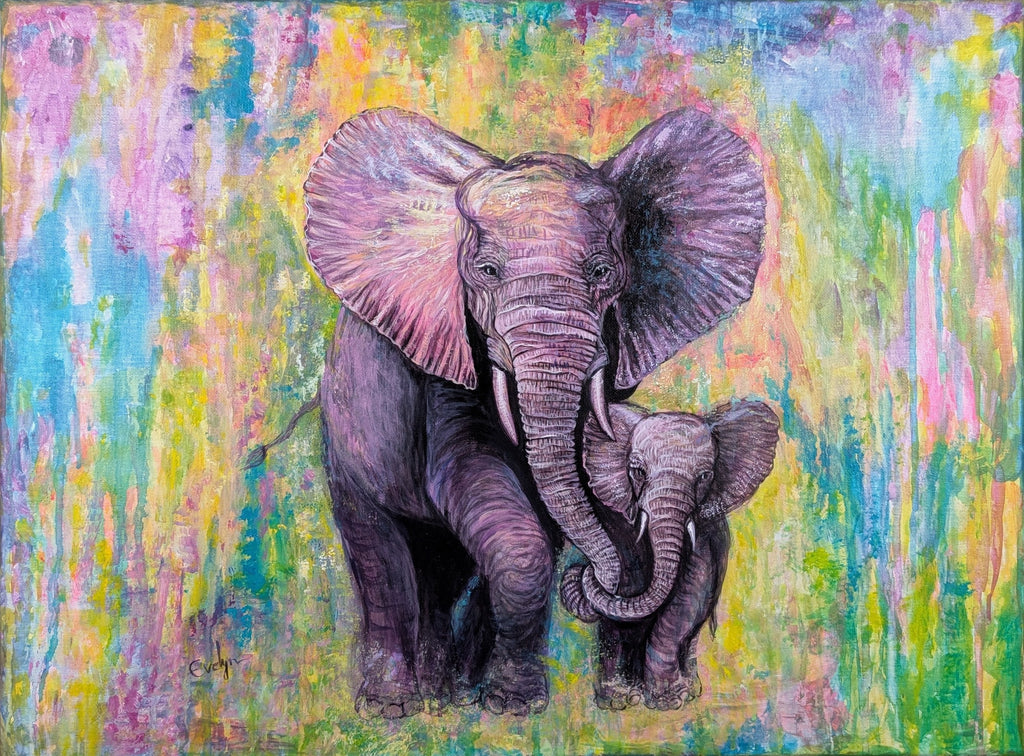 Large 24x18 inch acrylic painting of a mother elephant and her calf by Evelyn Mishra, imaginative wildlife artwork.