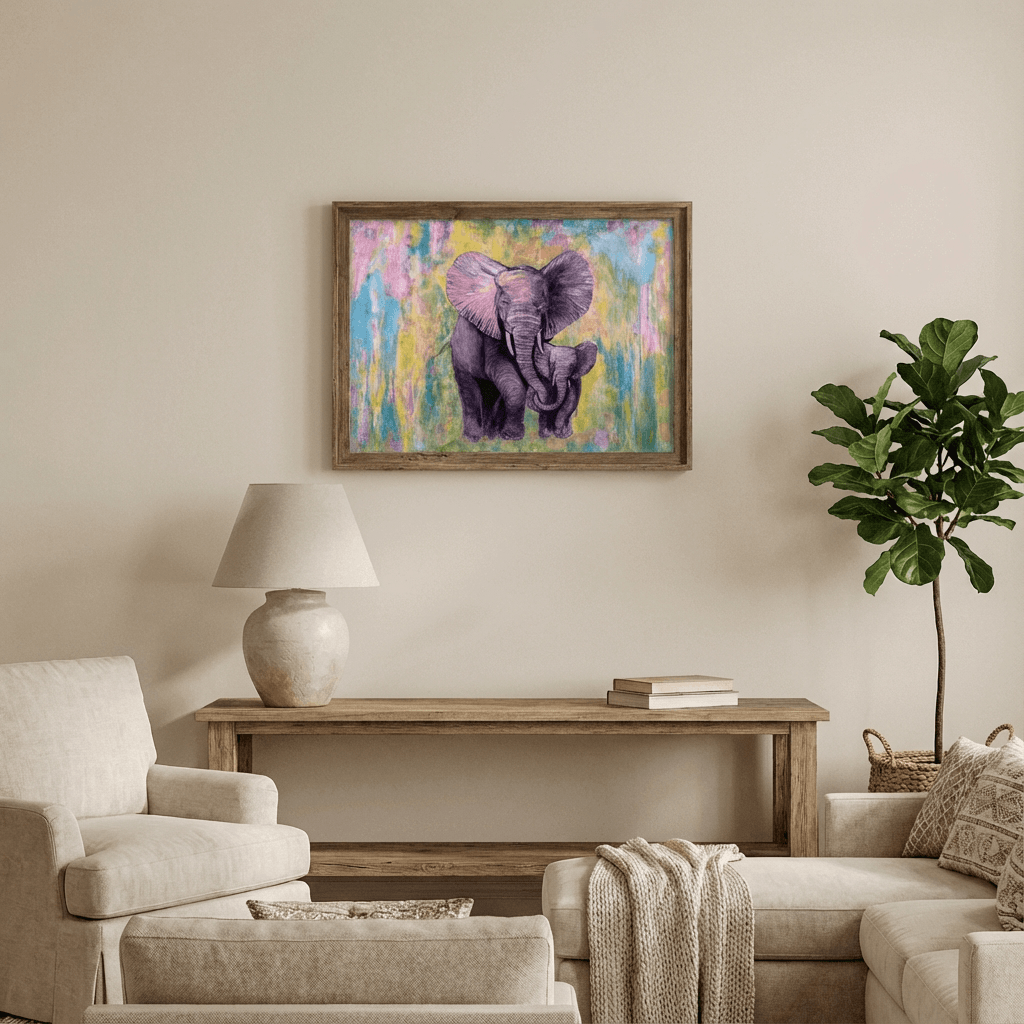 Large 24x18 inch acrylic painting of a mother elephant and her calf by Evelyn Mishra, imaginative wildlife artwork.