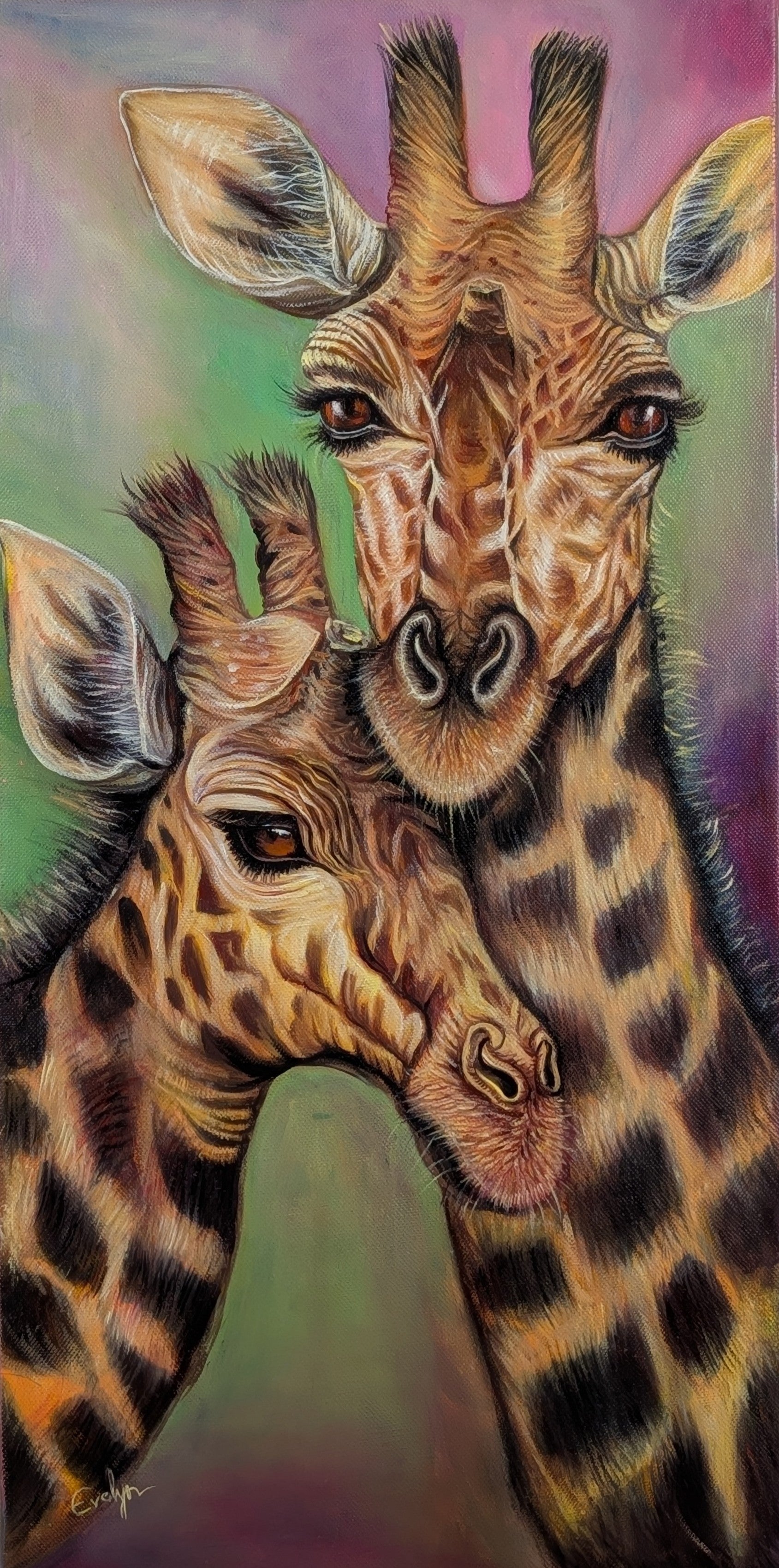 Neck to Neck - Original 24x12 Oil Giraffe Painting | Wildlife Love Art
