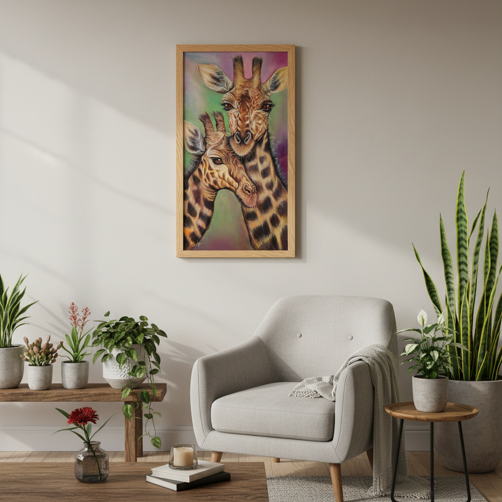 Romantic acrylic painting of a male and female giraffe pair titled Neck to Neck by Evelyn Mishra, depicting love and connection.