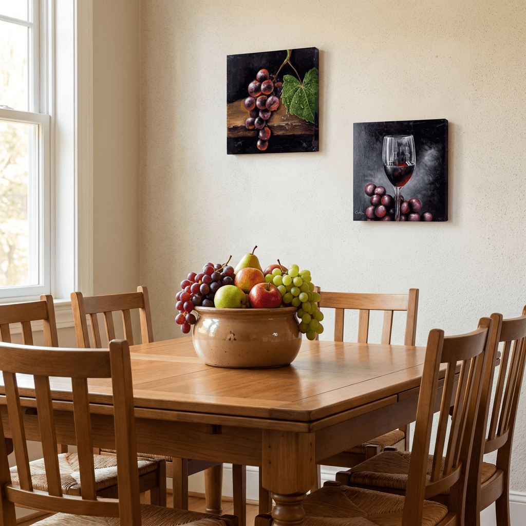 Acrylic painting of grapes and a wine glass titled Ruby Reflections by Evelyn Mishra, on wood.