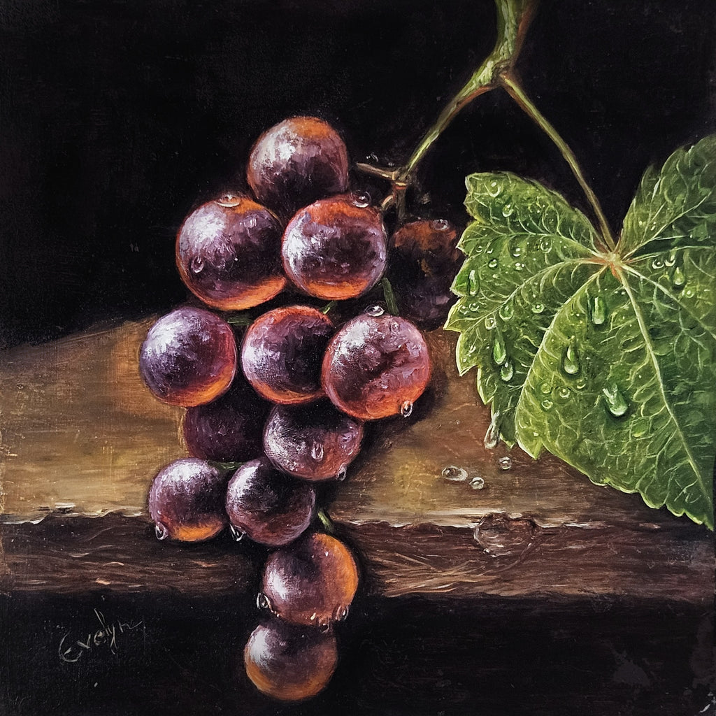Small 8x8 inch oil on board painting of grapes titled Grapes of Grace by Evelyn Mishra.