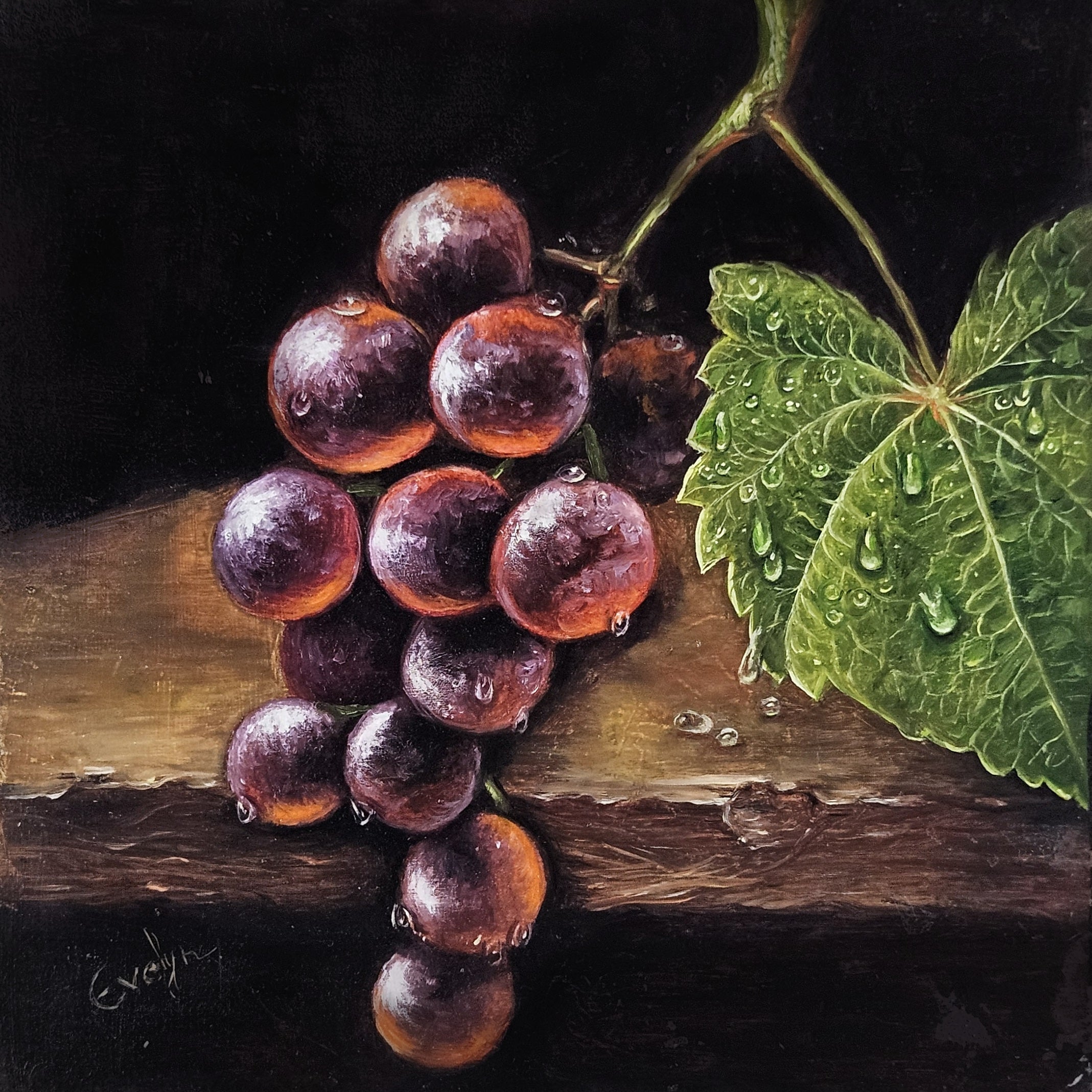 Small 8x8 inch oil on board painting of grapes titled Grapes of Grace by Evelyn Mishra.
