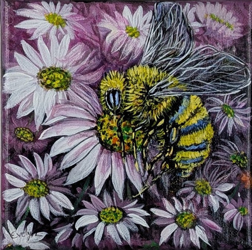 Detailed 6x6 inch honeybee acrylic painting on canvas by Evelyn Mishra.