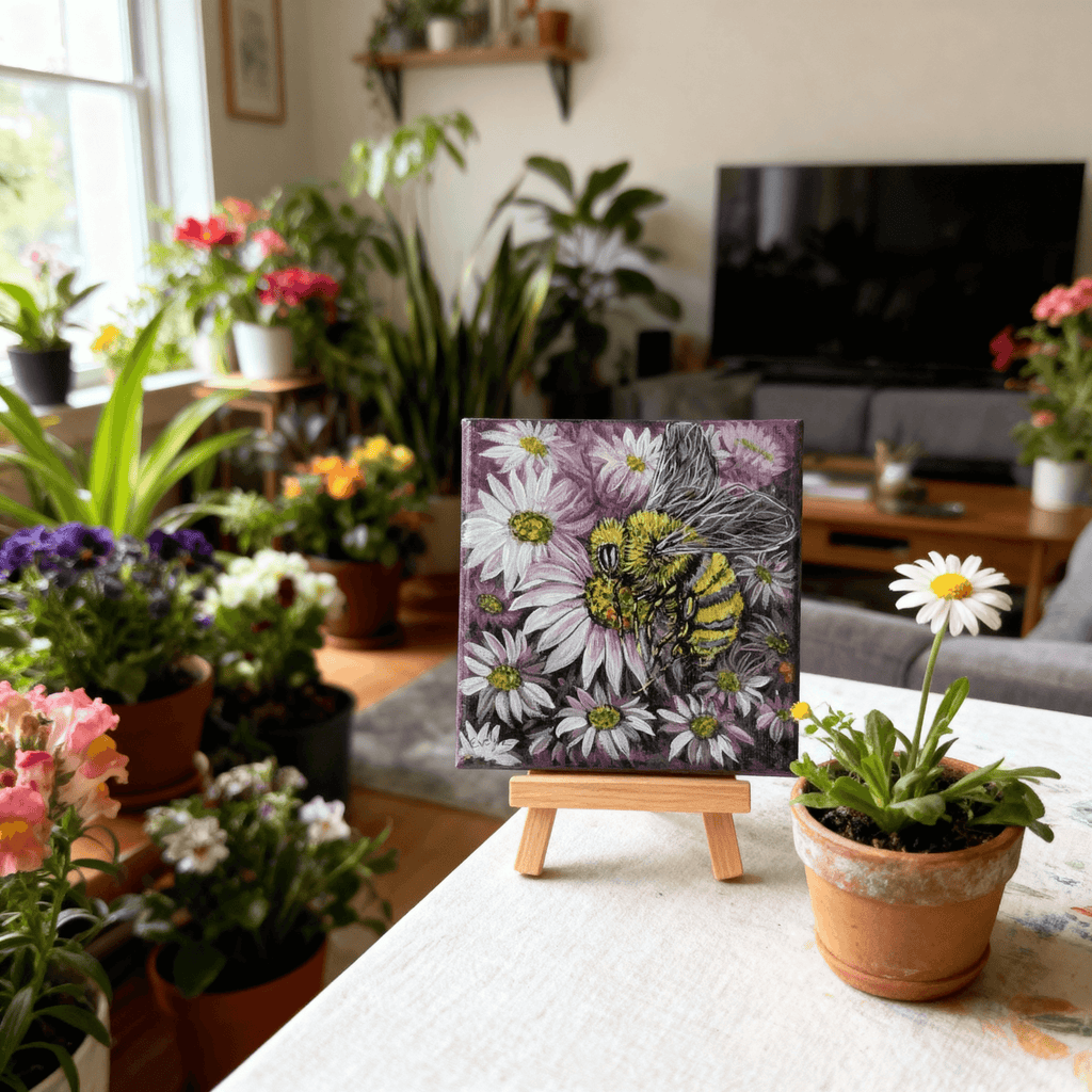 Garden's Guardian Original 6x6 Acrylic Honeybee Painting | Floral Love Art
