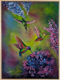 Oil on canvas painting of Humming Birds in a garden titled Garden's Visitors by artist Evelyn Mishra, framed in wood.
