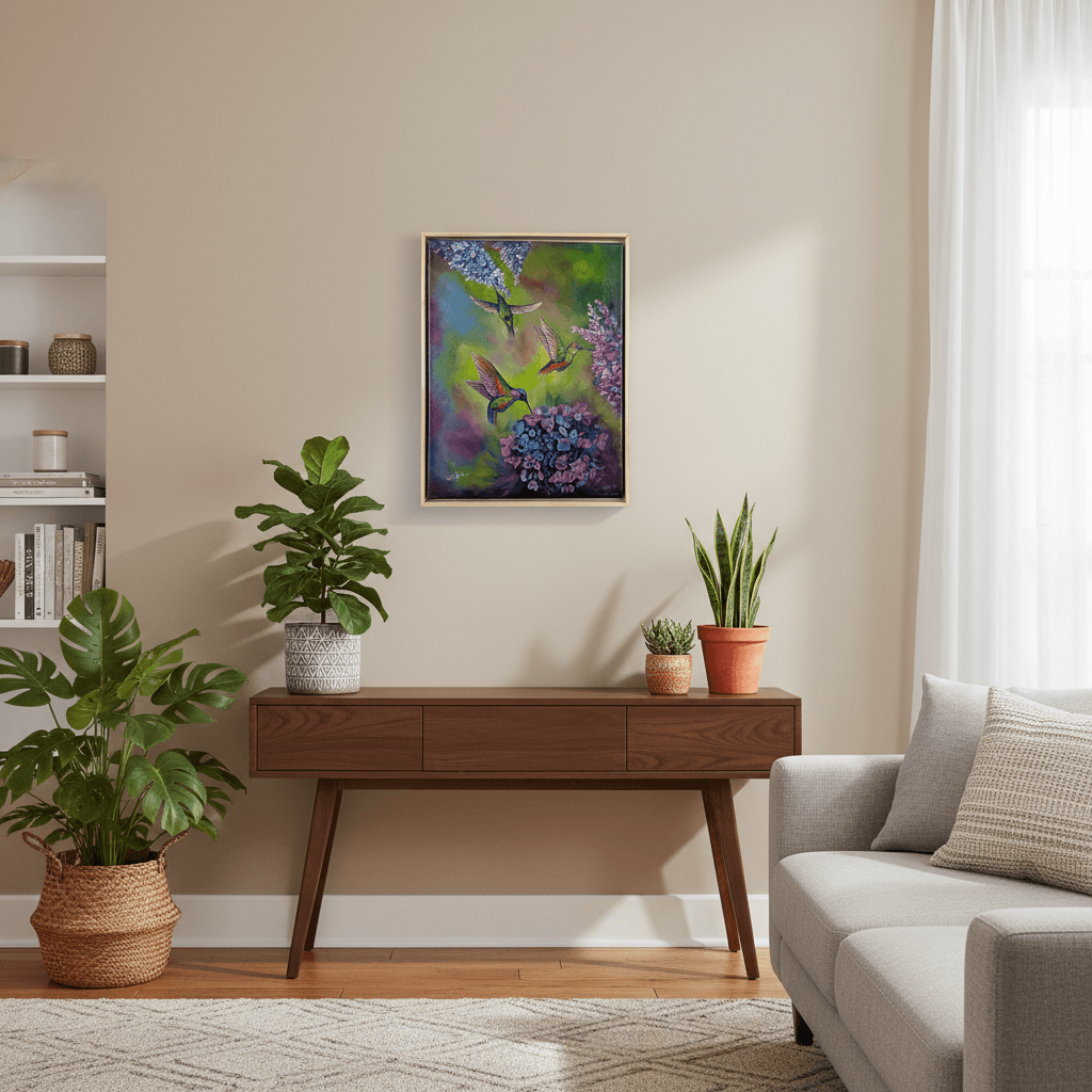 Oil on canvas painting of Humming Birds in a garden titled Garden's Visitors by artist Evelyn Mishra, framed in wood.