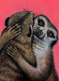 12x9 inch acrylic painting of two meerkats hugging titled Paws of Love by Evelyn Mishra, whimsical wildlife art.