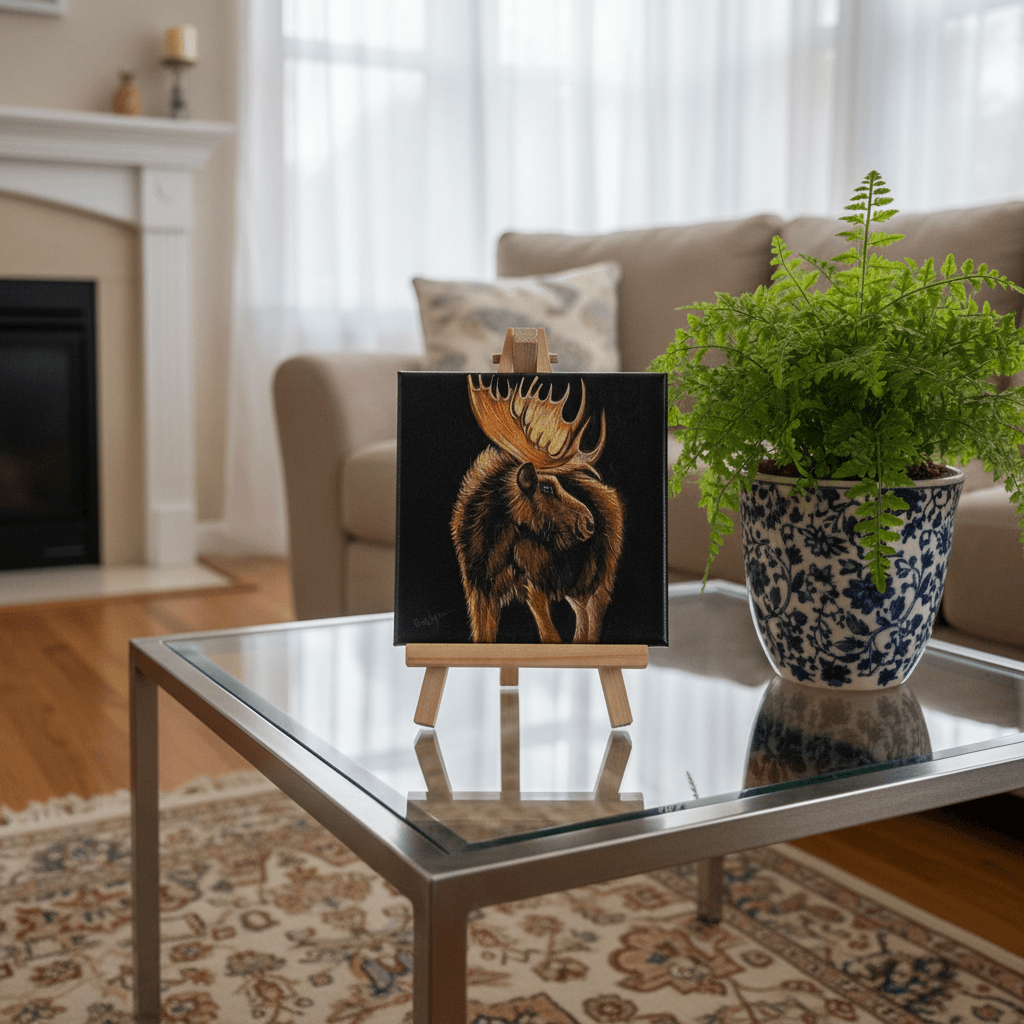 6x6 inch small acrylic Moose painting for home decor by Evelyn Mishra.