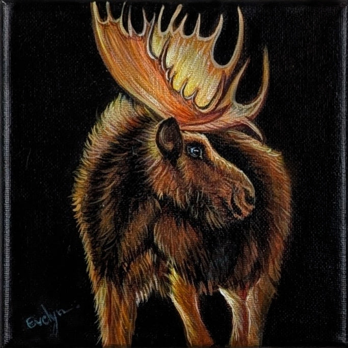 6x6 inch small acrylic Moose painting for home decor by Evelyn Mishra.