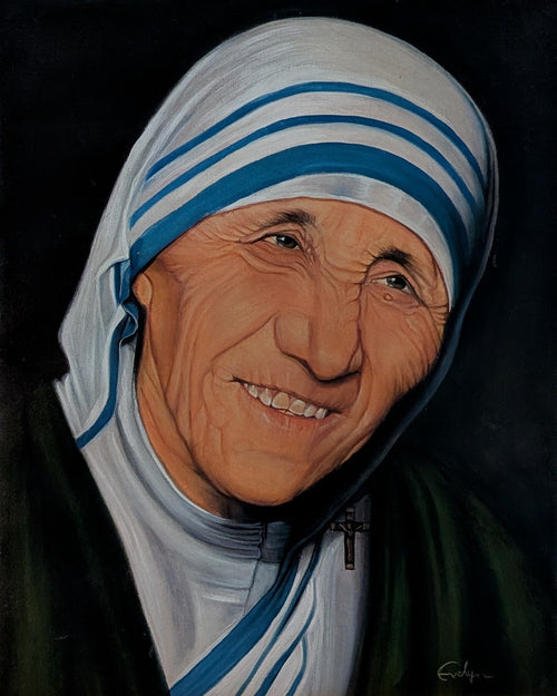 Portrait painting of Mother Teresa titled Beacon of Love by Evelyn Mishra, 21.5 by 17.5 inches.