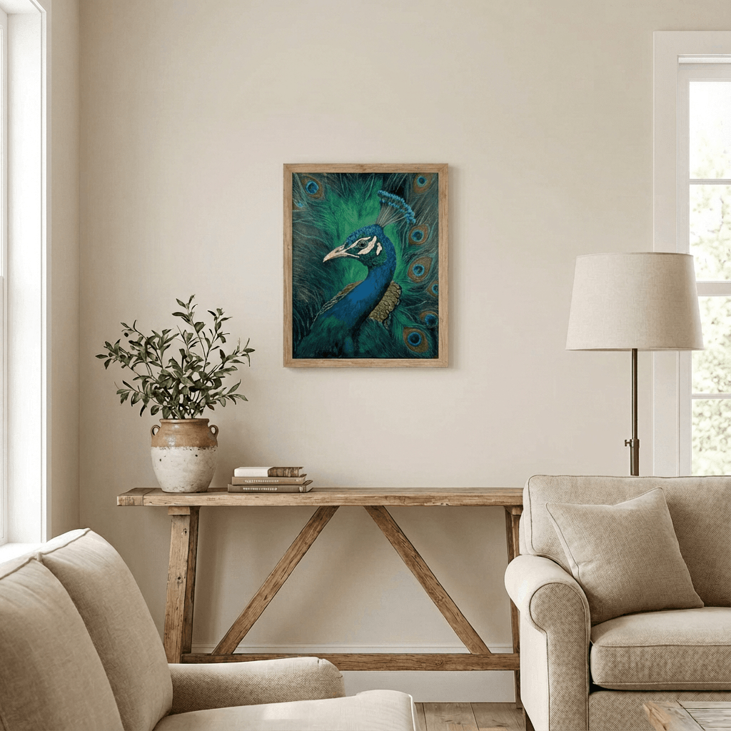 Vibrant 20x16 inch acrylic painting of a peacock with detailed feathers by Evelyn Mishra.