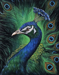 Vibrant 20x16 inch acrylic painting of a peacock with detailed feathers by Evelyn Mishra.