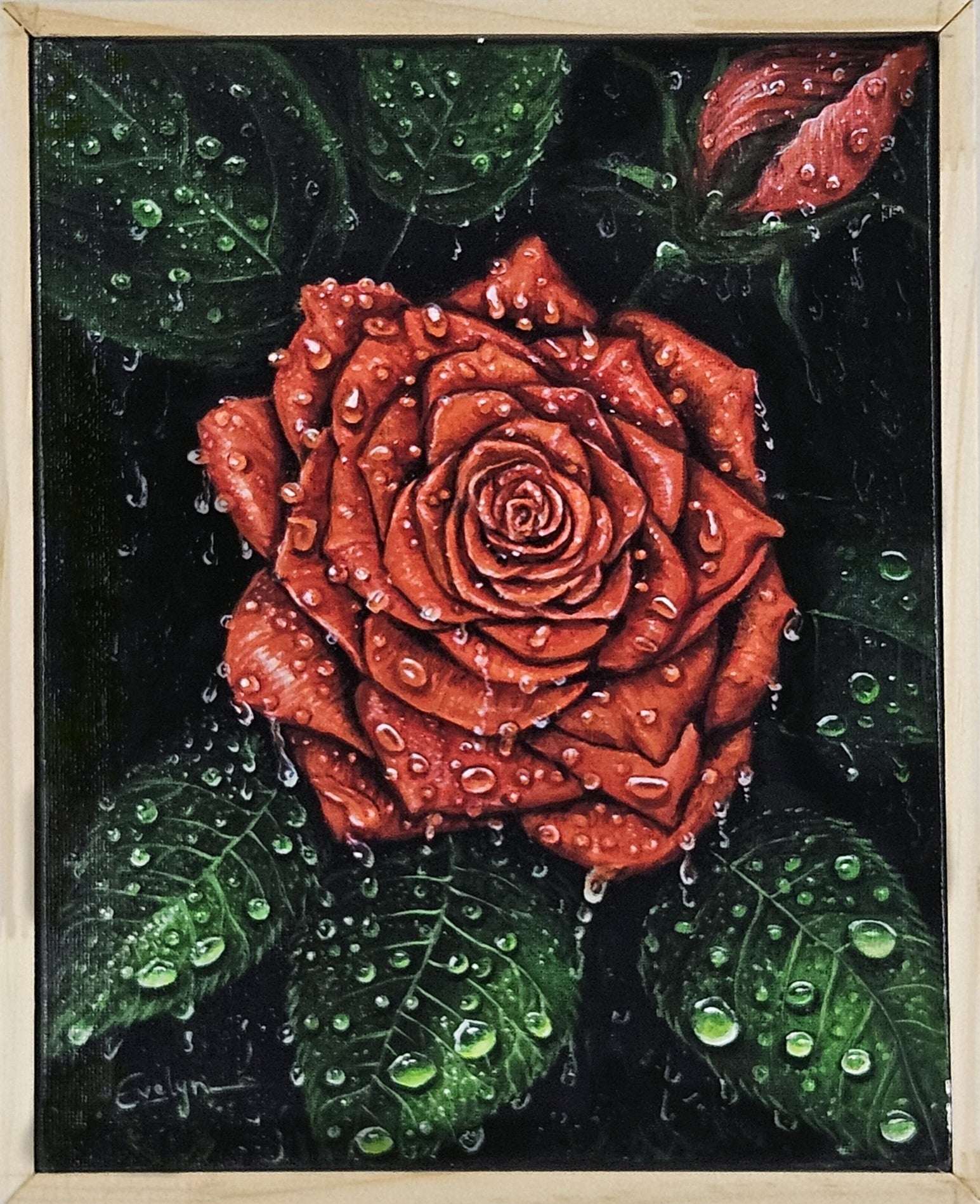 Imaginative acrylic painting titled Drenched in Love by Evelyn Mishra, 8.6 by 10.5 inches, includes frame.