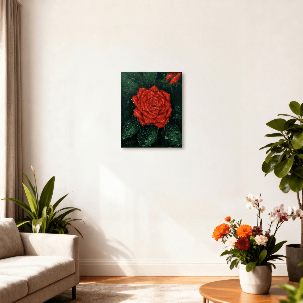 Imaginative acrylic painting titled Drenched in Love by Evelyn Mishra, 8.6 by 10.5 inches, includes frame.