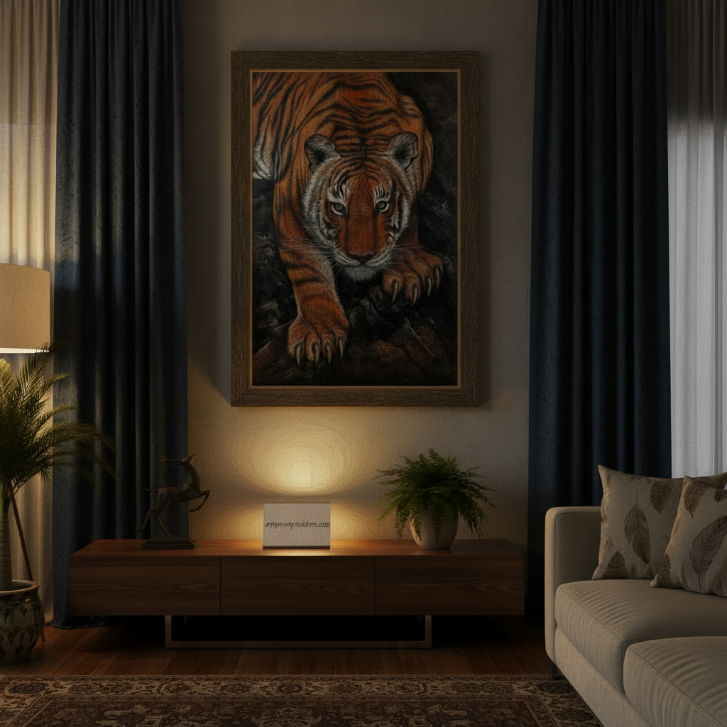 Detailed oil painting of a tiger poised to hunt titled Silent Hunter by Evelyn Mishra, professional oil on stretched canvas with a black floater frame.