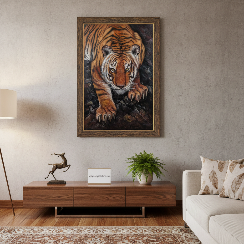 Detailed oil painting of a tiger poised to hunt titled Silent Hunter by Evelyn Mishra, professional oil on stretched canvas with a black floater frame.