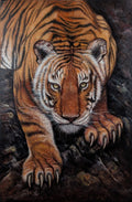 Detailed oil painting of a tiger poised to hunt titled Silent Hunter by Evelyn Mishra, professional oil on stretched canvas with a black floater frame.