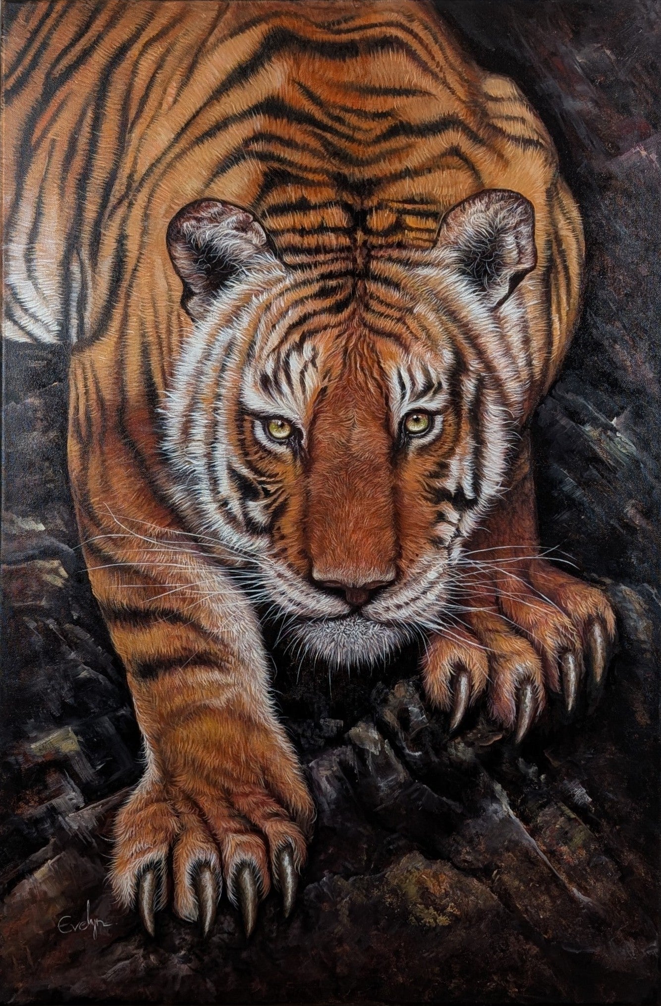 Detailed oil painting of a tiger poised to hunt titled Silent Hunter by Evelyn Mishra, professional oil on stretched canvas with a black floater frame.