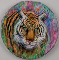Circular 7-inch acrylic painting of a tiger’s face titled Warrior by Evelyn Mishra, showcasing intense eyes and detailed fur.