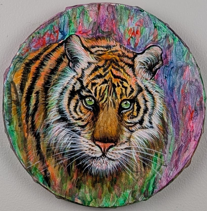 Circular 7-inch acrylic painting of a tiger’s face titled Warrior by Evelyn Mishra, showcasing intense eyes and detailed fur.