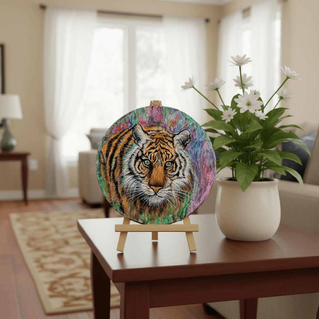 Circular 7-inch acrylic painting of a tiger’s face titled Warrior by Evelyn Mishra, showcasing intense eyes and detailed fur.