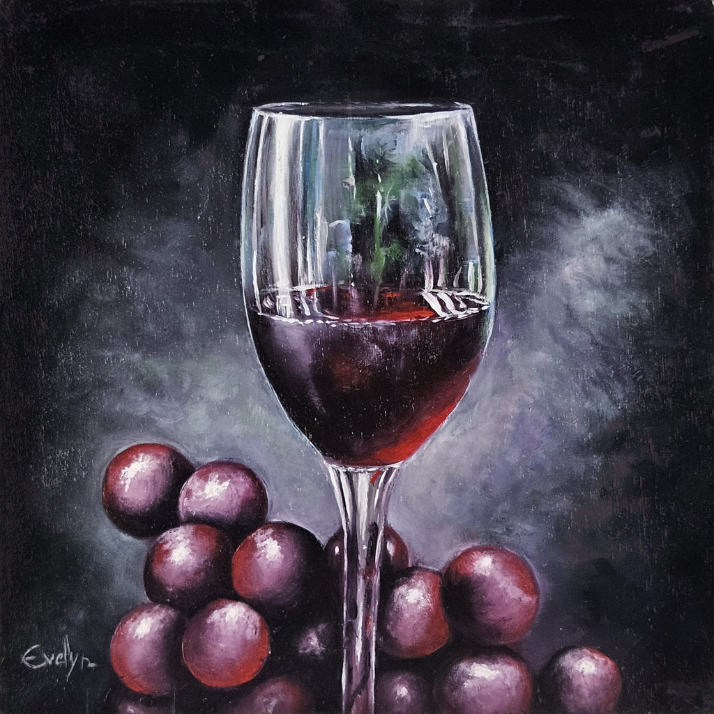 Acrylic painting of grapes and a wine glass titled Ruby Reflections by Evelyn Mishra, on wood.
