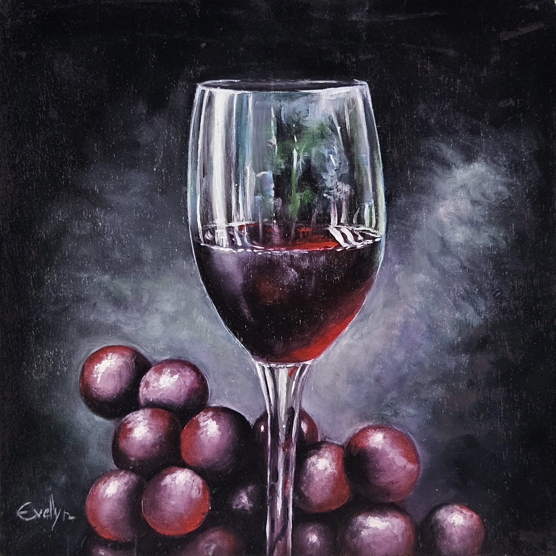 Acrylic painting of grapes and a wine glass titled Ruby Reflections by Evelyn Mishra, on wood.